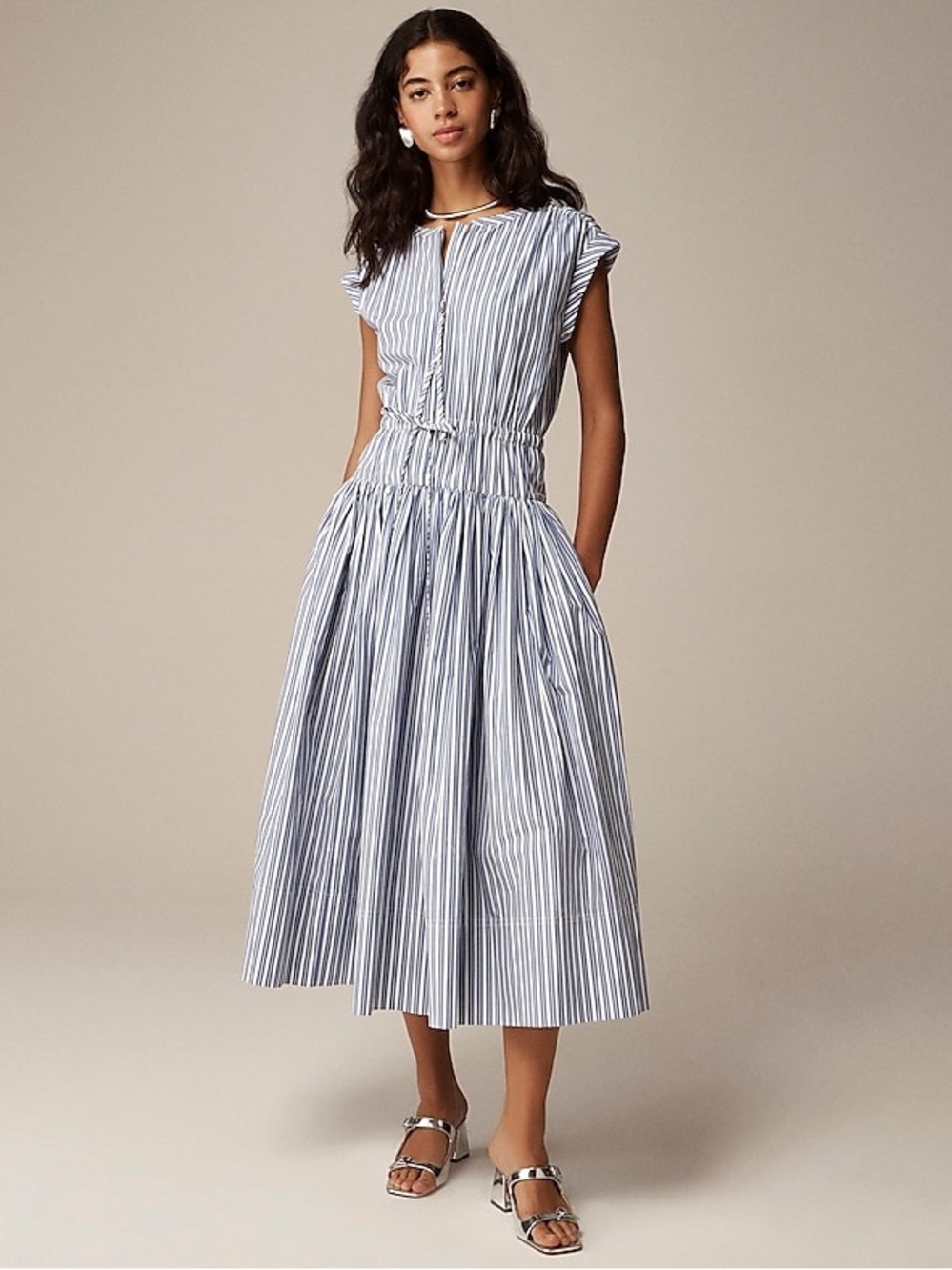 J. Crew Drop-waist midi dress in striped cotton poplin, size S